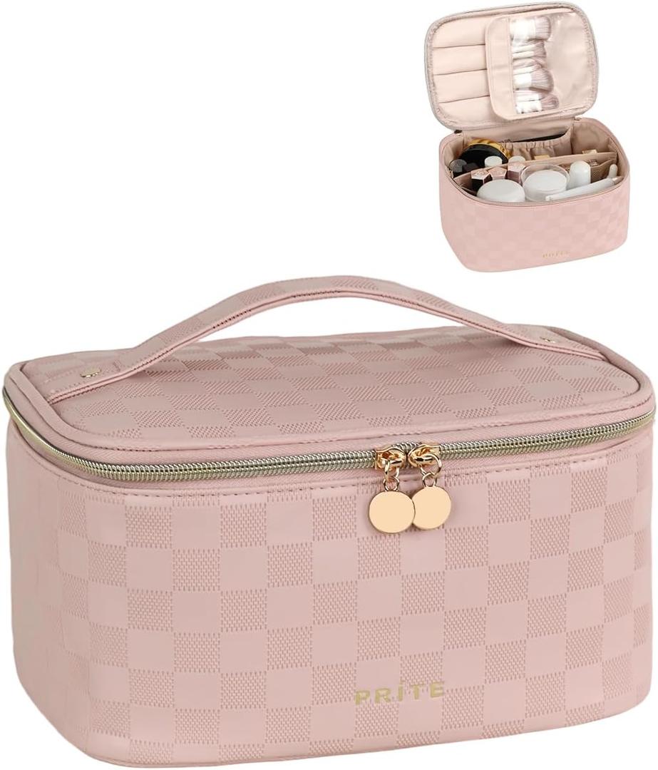 Prite Makeup Bag, Large Capacity Portable Travel Cosmetic Bag, Waterproof Makeup Organizer for Women with Handle and Divider (001 Checkered Pink)