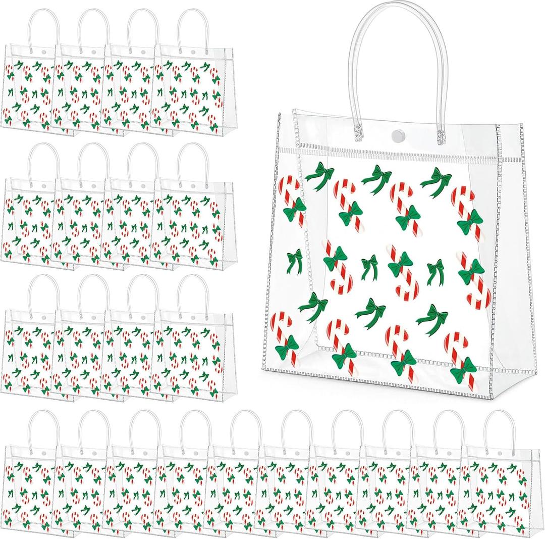 Harloon 24 Pcs Christmas Clear Plastic Gift Bags with Handle, PVC Goodie Candy Treat Bags Reusable Tote Bag for Xmas Winter Party Favor Gifts Supplies, 9.84"x 9.84"x 3.54"(Candy Cane)