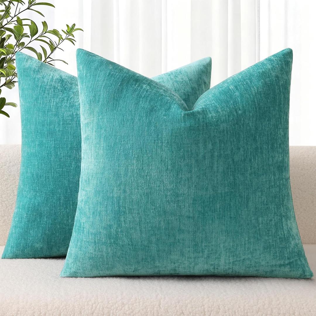 decorUhome Chenille Turquoise Summer Throw Pillow Covers 18x18 Inch Set of 2, Decorative Soft Couch Pillow Covers Solid Dyed Accent Farmhouse Neutral Square Pillow Cases for Sofa