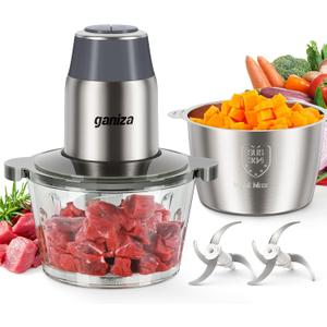 GANIZA Food Processors, Electric Food Chopper with Meat Grinder & Vegetable Chopper - 2 Bowls (8 Cup+8 Cup) with Powerful 450W Copper Motor - Includes 2 Sets of Bi-Level Blades (Grey)