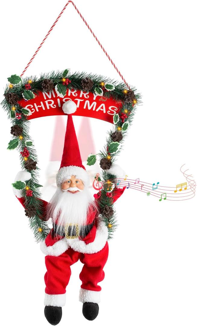 Christmas Animated Santa Claus Decoration, Talking Santa 33inch Animatronics Hanging Plush Decor with LED Light Wreath, Christmas Sign, Head Move, Xmas Collectible Figure Gift for Indoor, Wall, Door