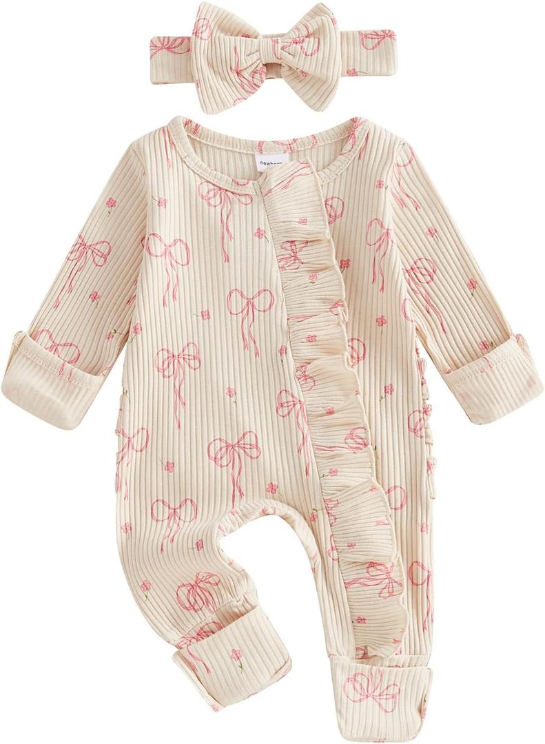 Socutebabe Newborn Baby Girl Coming Home Outfit Ruffle Romper Onesie Cute Ribbed Knit Jumpsuit Winter Clothes and Headband (Sweet Bow Cream, 0-3 Months)