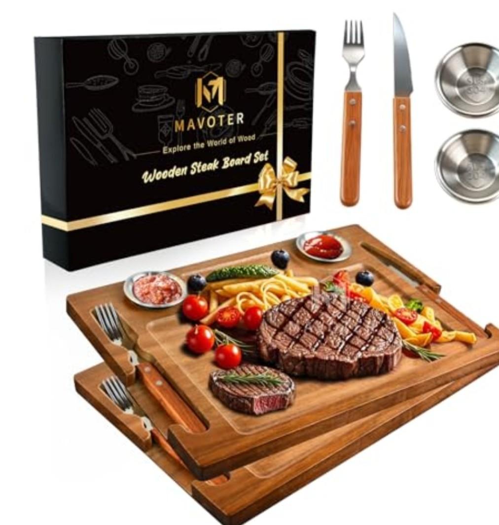Acacia Wooden Steak Plates Board for Eating Set of 2,15.7" Meat Cutting Boards for Steak Food Serving Tray with Fork, Knife & Ramekins,Charcuterie Platter for Kitchen, BBQ & Entertaining