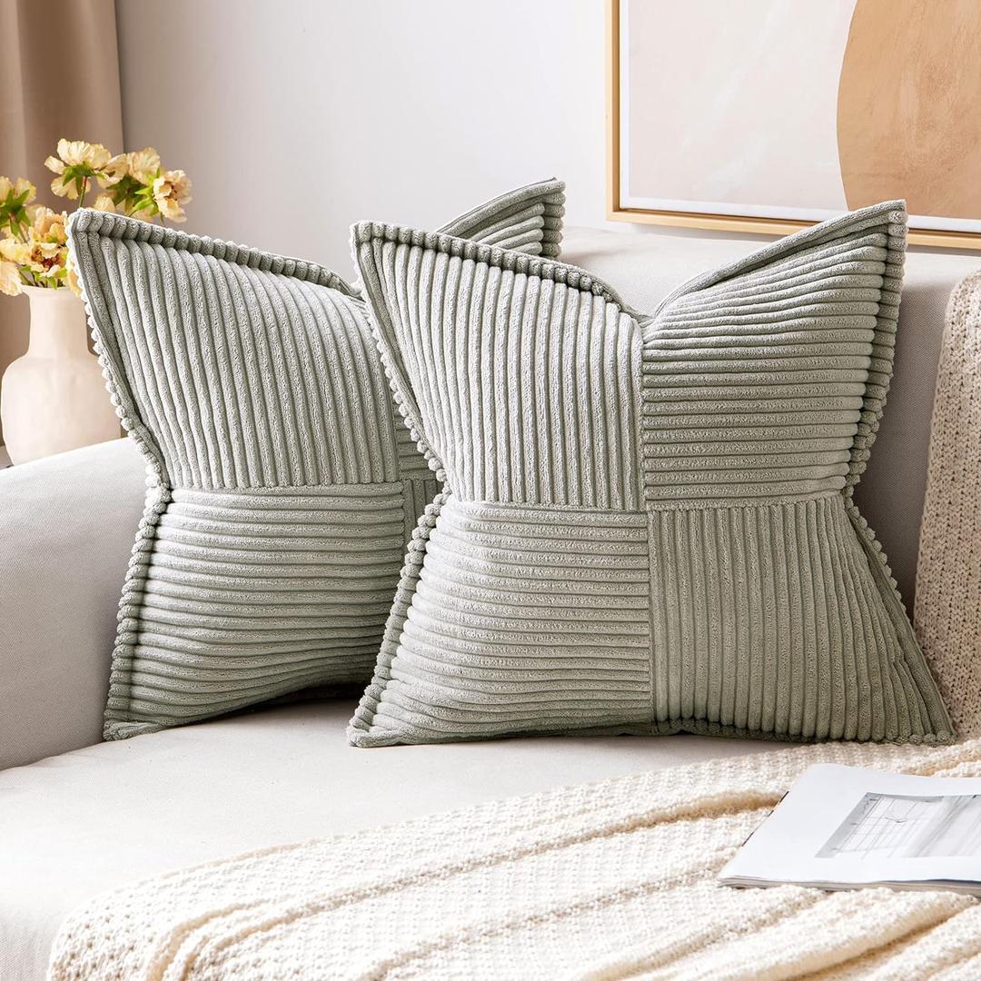 MIULEE Boho Decorative Pillow Covers for Couch Bed Sofa Farmhouse Home Decor 16x16 inch Set of 2 Light Grey Throw Pillow Broadside Soft Corduroy Pillowcase with Splicing Cushion Livingroom