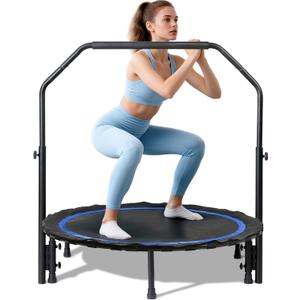 Foldable Mini Trampoline Load 330lbs, 40"/48" Rebounder Trampoline for Adults with Durable Bungee Band and Adjustable Foam Handle for Home Gym, Small Exercise Trampoline for Indoor or Garden Workout (Blue)