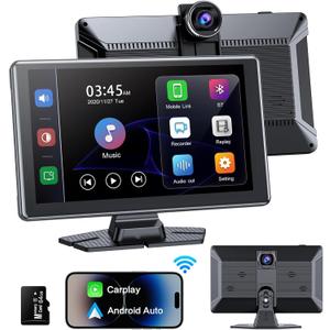 Portable Wireless Carplay Screen, PBYRD 9" Touchscreen with 4K HD Front Camera, Car Stereo with Apple Carplay & Android Auto, Mirror Link/Voice Control/Bluetooth/GPS Navigation-1