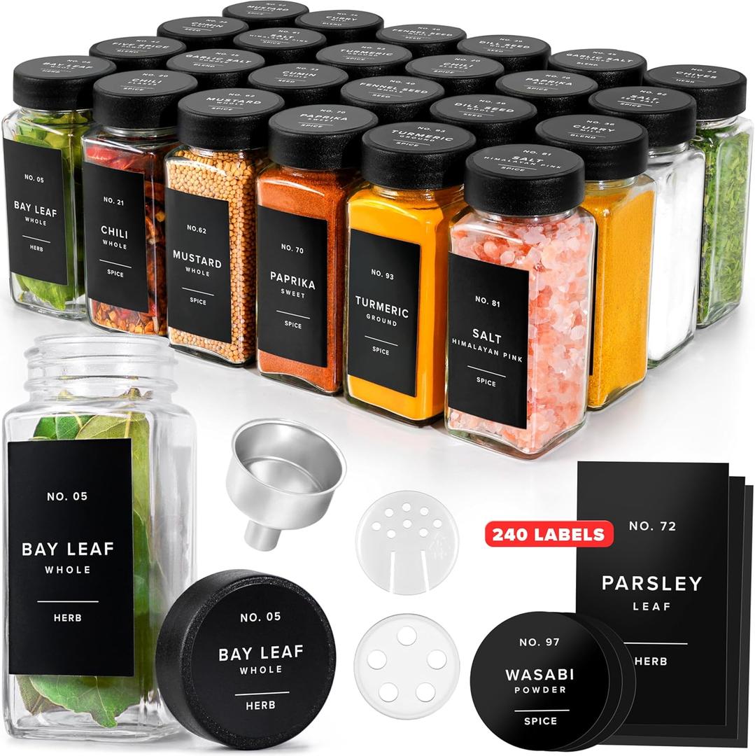 Glass Spice Jars with Labels (24 x 4oz) Spice Containers with 240 Labels, Shaker Inserts, Funnel, Empty Square Empty Square Seasoning Organizer (Black Lids)
