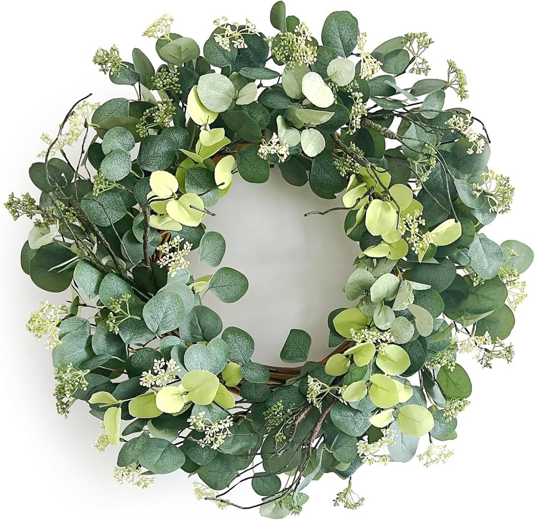 24 Inch Eucalyptus Summer Wreath for Front Door, Summer Spring Wreath for Grapevine Farmhouse with Silk Printing Dollar Leaves Wreaths for Festival Celebration Front Door Wall Window Home Dcor (Green)