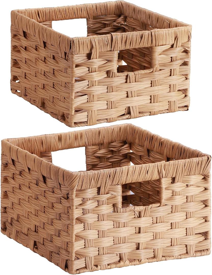 Lifewit Handwoven PP Wicker Storage Basket, Waterproof Imitation Rattan Basket with Built-in Handles, Rectangle Baskets for Organizing Shelves, Pantry, Burlywood, 2-Pack (Large+Medium)