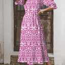 Dokotoo Women Boho Summer Dress 2024 Frill Short Sleeve Tassel V Neck Ruffle Flowy A-Line Maxi Dresses (M)