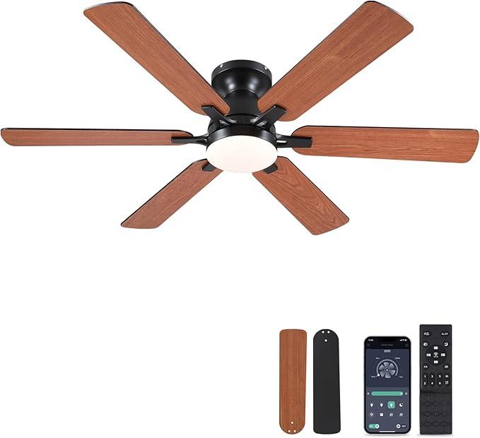 Ceiling Fans with Lights- 46" Low Profile Indoor Ceiling Fan with Light and Remote/APP Control, Flush Mount, LED Dimmable DC Reversible Modern Ceiling Fan for Bedroom