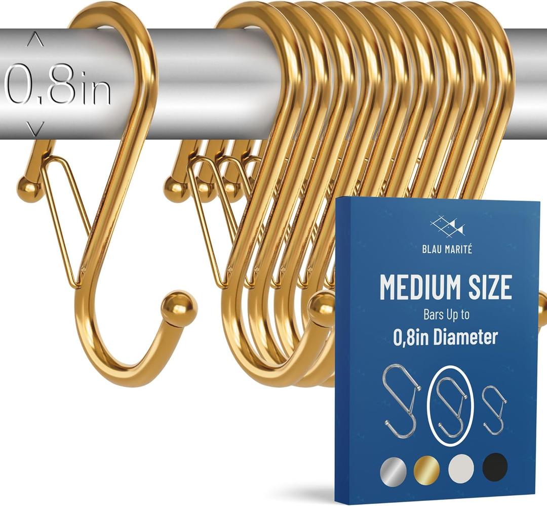 10-Pack Metal S Hooks for Hanging  Heavy-Duty S-Shaped Hook with Safety Buckle  Fits Bars up to 0.8 In  Anti-Drop S-Hooks for Kitchen, Bathroom, Closet & Pot Racks  Gold (Medium)