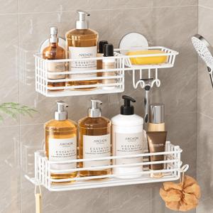 LEVERLOC Shower Caddy Suction Cup, 2 Pack Shelves for Inside with Hooks and Soap Holder, NO-Drilling Bathroom Holder, Rustproof Meatl Bathroom Organizer, White