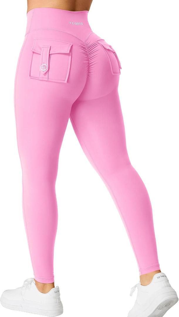YEOREO CoreFlex Leggings with Pockets for Women Charm Scrunch Workout Leggings V Cross Waist Butt Lifting Gym Yoga Pants (Medium, Pink)