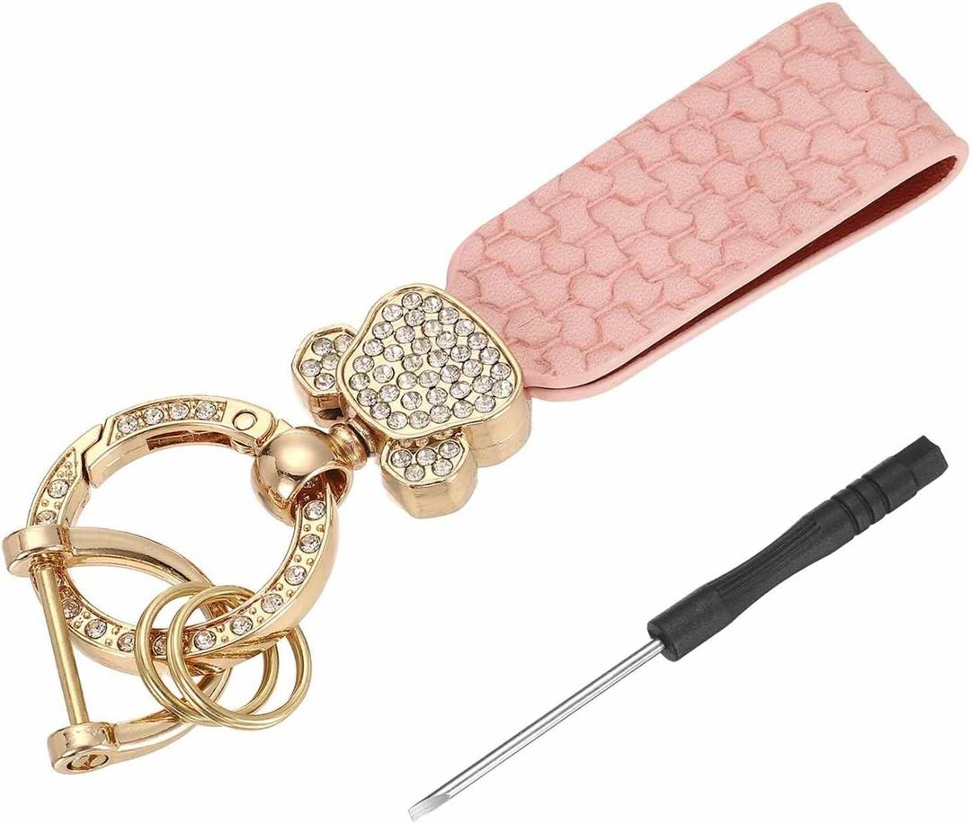 HARFINGTON Car Key Chain Ring Clip 4.45 Inch Leather Key Fob Wristlet Keychain with Anti-Lost D Ring & Keyrings Fit Women Men for Home Car, Pink Gold