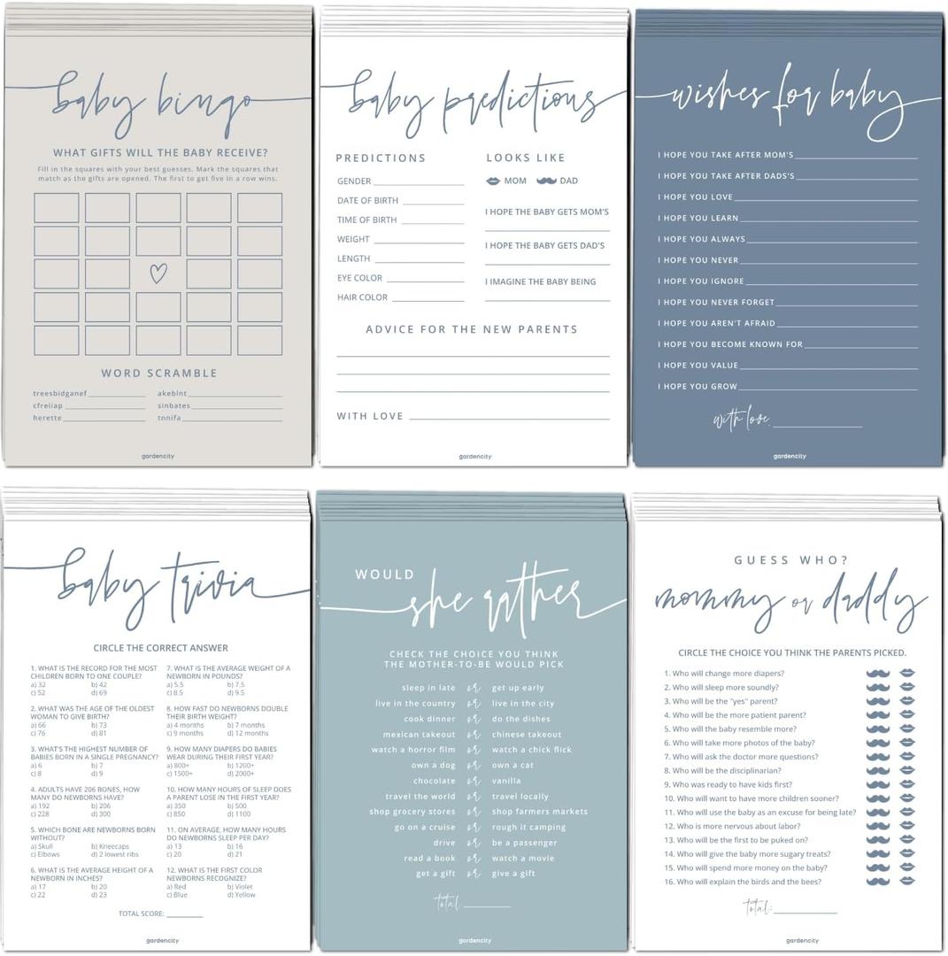 GardenCity Baby Shower Games for Boy - Set of 6 Baby Shower Games for 25 Guests, Double-Sided Thick Cards, Gender Neutral, Minimalist Blue