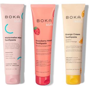 Boka Fluoride Free Toothpaste Nano Hydroxyapatite, Helps Remineralize, Appropriate for Sensitive Teeth, Whitening-for Adult, Kids Oral Care-Orange Cream, Watermelon Mint, Strawberry Mango, 4oz 3Pk