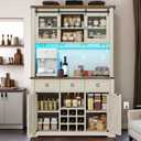 YITAHOME 72" Farmhouse Bar Cabinet with Bottle Rack and Glass Holder, Large Kitchen Buffet with Shelves, Cabinet with 3 Drawers, Coffee Bar Sideboard with LED Lights, Off White + Walnut Grain