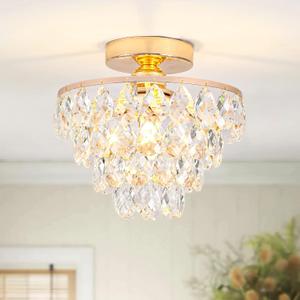 Luupyia Gold Crystal Chandelier Small, Mini Ceiling Light Modern Flush Mount Crystal Chandelier Hallway Overhead Light Fixtures Ceiling for Hallway Bedroom Hall Living Room E26