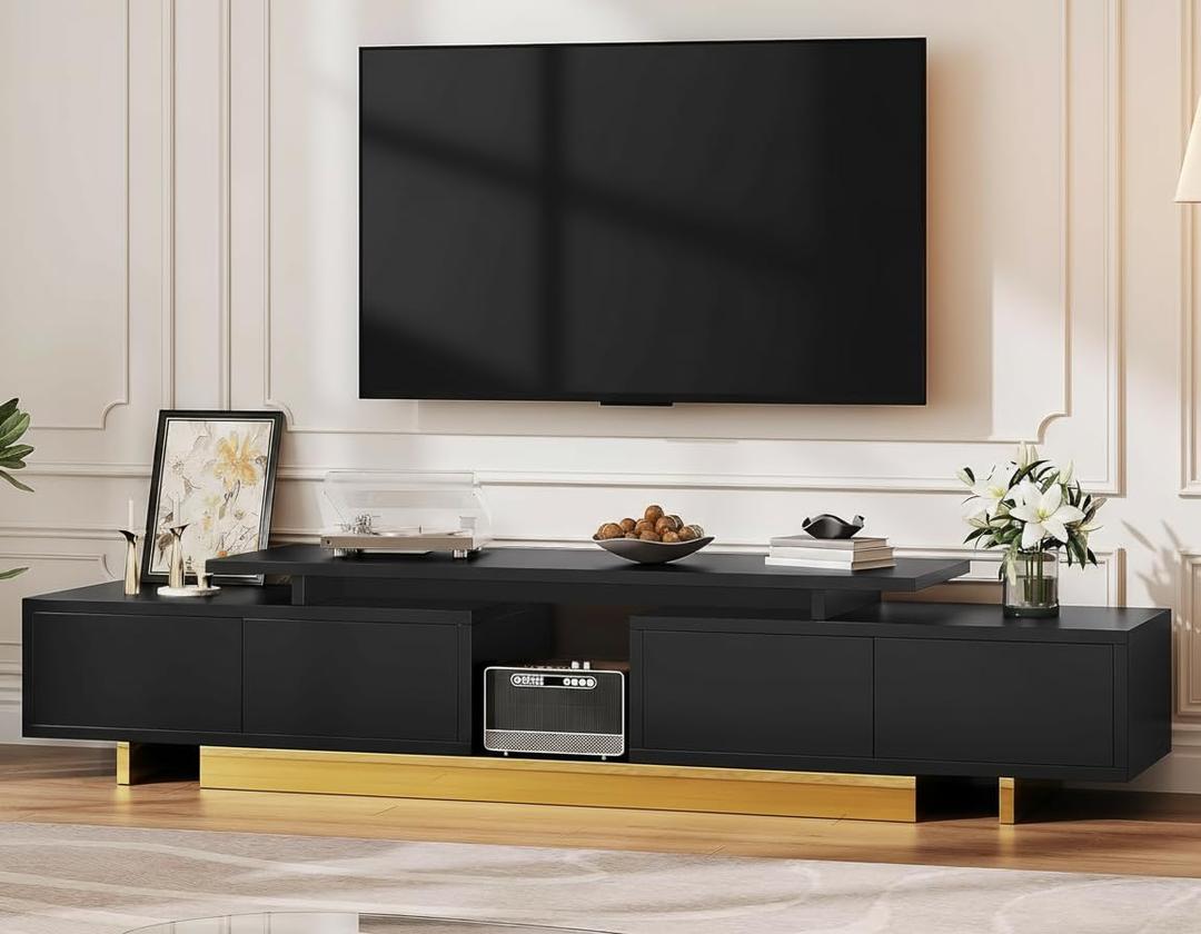 YITAHOME Extendable Entertainment Center 63 to 89 Inches, Modern TV Stand with 2 Door Cabinets and Open Shelf, Adjustable Length TV Console for Living Room, Black