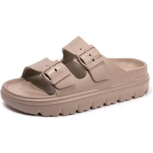 FUNKYMONKEY Women's Comfort Slides Double Buckle Adjustable Plastics Flat Sandals (10, Lt Coffee/Hdspk)