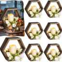 16 Pcs Wooden Candle Lantern Set Includes 8 Rustic Wedding Centerpieces for Table Decorative Candle Lanterns and 8 Flameless Decorative LED Candles for Wedding, Dark Brown, Hexagon