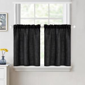 MIULEE Halloween Cafe Curtains 24 Inch Length Half Window Curtain Semi Sheer Farmhouse Short Linen Drapes for Kitchen Bathroom Basement Small Window, Rod Pocket Tier Curtains 2 Panels W26XL24, Black