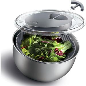 COOK WITH COLOR Stainless Steel Salad Spinner - 5 Qt. Lettuce Washer And Vegetable Spinner Dryer for Easy Salad Prep - Non Slip Base with Pull Handle - Auto Stop Brake System, Stain and Odor Resistant (Gray)
