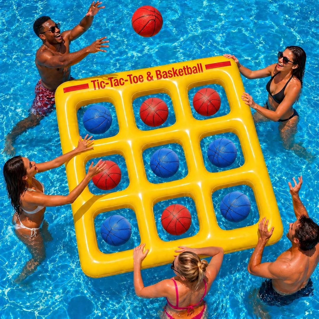 Pool Toy Games, Upgraded Tic-Tac-Toe & Basketball, Inflatable Anti-Wind Pool Games with 10 Basketball (5 Red & 5 Blue) – Pool Games for Adults Kids Teens& Family, Outdoor Summer Water Pool Party Toys