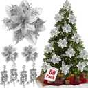50pcs Glitter Poinsettia Christmas Ornaments, Artificial Flowers with Clips Stems for DIY Wreath Making, Holiday Home Party Decorations, Indoor Use (Sliver)