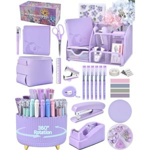 Purple Desk Accessories and Organizers with Desk Organizer and 360Rotating Pen Holder stapler Pen and a Lot of Office Purple Office Supplies Beautifully Presented in a Gift Box