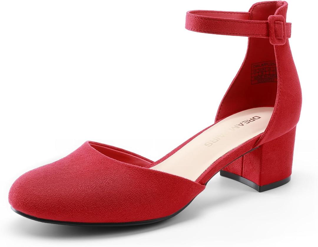 DREAM PAIRS Women's Closed Round Toe Low Block Heels Ankle Strap Chunky Heel Pumps Dress Wedding Office Party Shoes (8.5, Red)