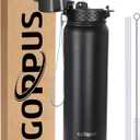 GOPPUS 32 oz Sports Water Bottle 1 Liter Double Wall Insulated Stainless Steel Water Bottles with Straw Lid Reusable Leak proof Metal water bottles with Strap Handle(Black 1 lid)