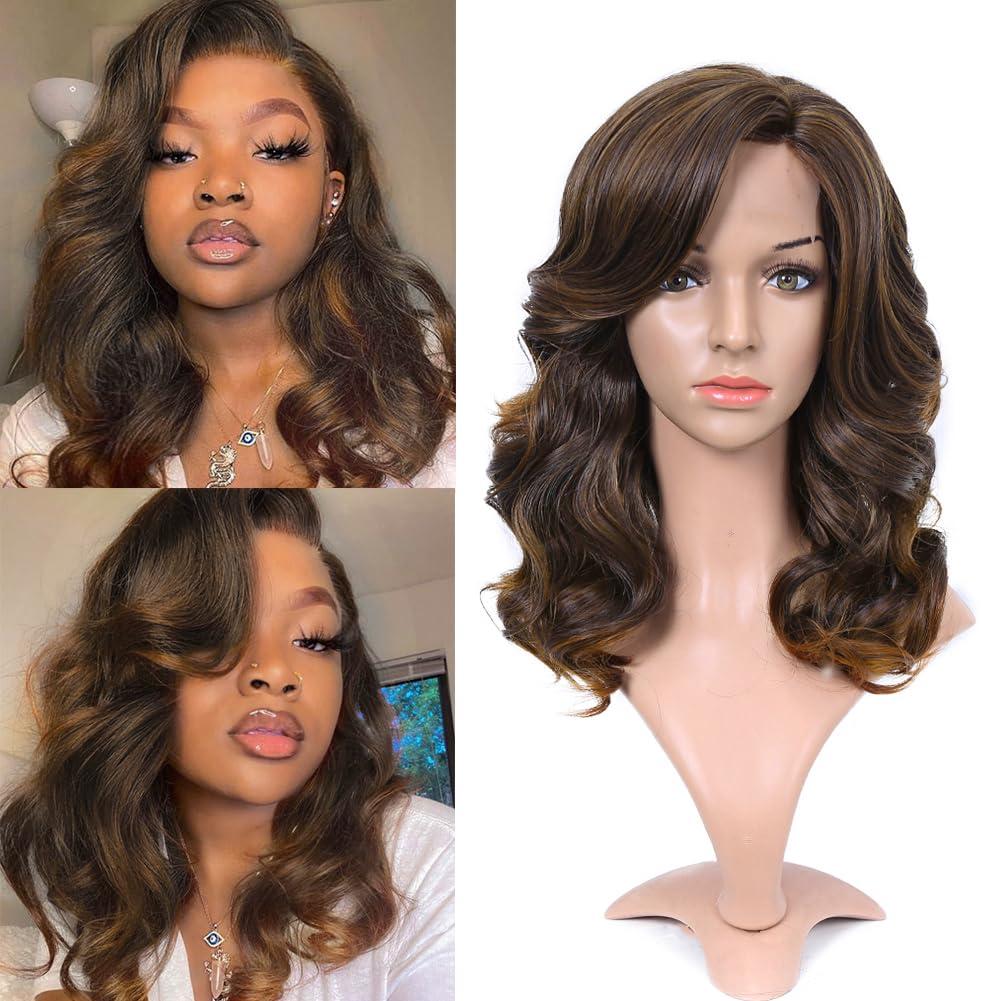 Lady Miranda Loose Wave Lace Part Wig Mixed Brown Nature Curly Synthetic Heat Resistant Weave Full Wigs for Women (16 Inch)
