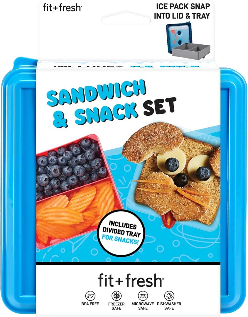 Fit & Fresh Sandwich and Snack Set, Dual Container with Ice Pack, Adult and Kids Lunch Container, Sandwich Container for Lunch Box, Blue