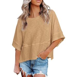 Womens Fashion T-Shirt Crewneck 3/4 Sleeves Solid Color Loose Basic Tops Summer Casual Tees Blouses (Medium, Khaki)