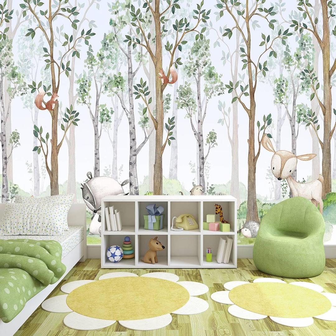 Nursery Animals Forest Wallpaper Mural for Kids Room Bedroom | 170"x110" Not Peel and Stick