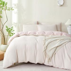 Comforter Set King Size Dusty Pink Soft Luxury Washed Microfiber Jacquard 3 Pieces Bedding Set, White Dusty Pink Vertical Ticking Stripes Comforter with 2 Pillowcases Breathable Durable Comfy