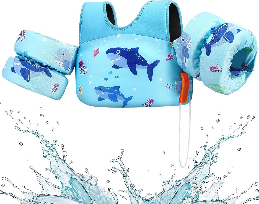 HeySplash Swim Vest for Kids, Toddler Pool Floaties Fit 20-50/70 Lbs, Children Swimming Vest with Adjustable Strap, Swim Jacket Water Wing Arm Float, Puddle Sea Beach Boat Jumper Boy Girl Baby (A Blue Shark)