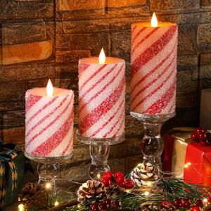 Baquler 3 Pcs Christmas Flameless Pillar Candles LED Candy Cane Peppermint Stripe Red and White Glitter Battery Operated Candles for Xmas Holiday Centerpiece Home Party Decor