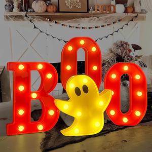 MEHOFOND Red Halloween Light Up Letters, 4 pcs Led Light Up Sign, Hallowen BOO and Ghost Marquee Letters Decor, Baby Shower Birthday Booday BOO Letter Sign Wall Table Party Supplies (Warm White)