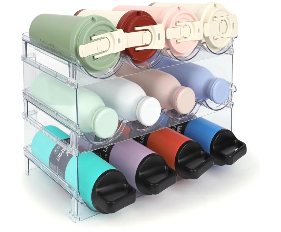 Water Bottle Organizer - 3 Pack Clear Stackable Bottle Storage Rack and Wine Rack for Stanley Yeti Bottle and Other Tumbler Organizer for Kitchen Cabinets, 3 Tier Hold 12