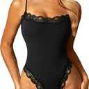 Navneet Women Sexy Lace Bodysuit Lace Trim High Cut Thong Spaghetti Strap Cami Bodysuit Going Out Tank Tops Body Suit, Small 