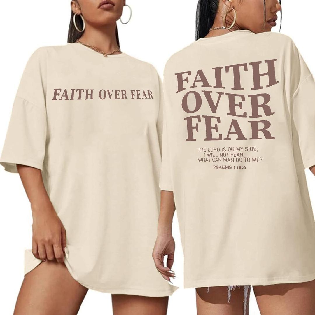 BANGELY Faith Over Fear Shirt Women Graphic Shirts Oversized Workout Gym Christian Religious Tees Drop Shoulder Tee Tops (Small, Ecru)