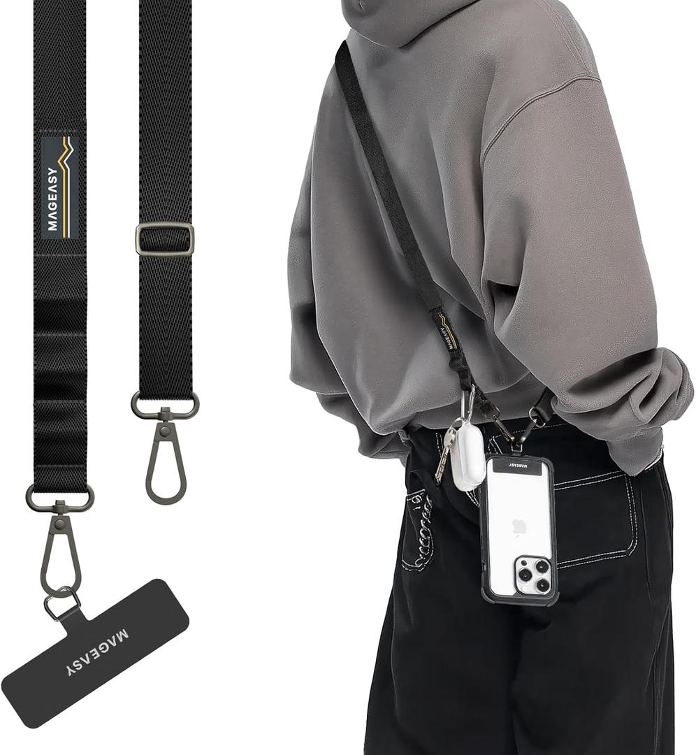 MAGEASY Universal Cell Phone Lanyard Crossbody - Anti-Theft Crossbody Phone Strap for iPhone 16 Pro Max & Most Smartphones, for Men & Women | 20mm (Black)