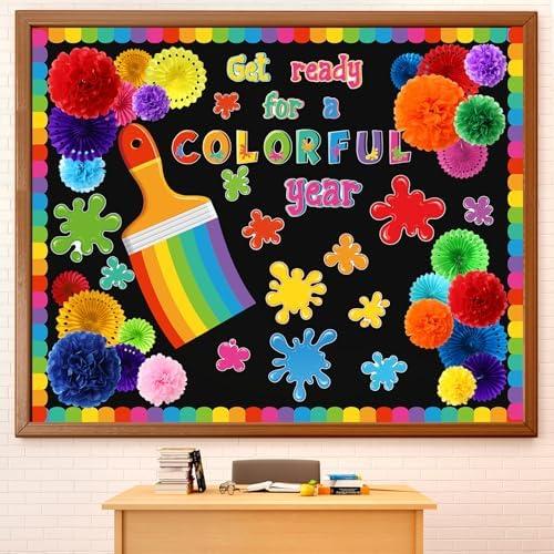 Qilery Get Ready for a Colorful Year Bulletin Board Set Welcome Back to School Classroom Decoration 3D Colorful Paint Bulletin Board with Paper Fans Flowers for Offices Door Chalkboard Wall Supplies, Pack 2