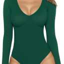 MANGOPOP Women's Long Sleeve Short Sleeve Bodysuit Sexy V Neck Body Suits Fitted Fall Going Out Tops (Medium, 05-long Sleeve Deep Green)