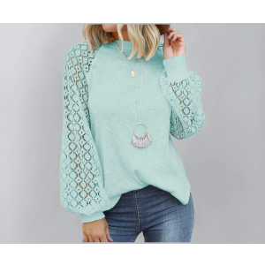 MIHOLL Women’s Long Sleeve Tops Lace Casual Loose Blouses T Shirts (Lake Blue, Small)