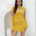 Short Sweater Dress for Women Cutout Sexy Bodycon Ribbed Knit Separate Sleeve 2025 Fall Winter (Yellow, L)