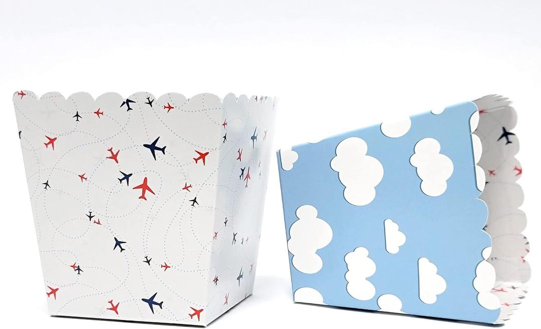 Airplane Favor Snack Boxes For Travel Adventure Themed Kids Birthday Party Supplies, Pilot Up Up And Away Parties, Cloud Themes. Set Of 12 Reversible Airplane To Cloud Pattern Scalloped Popcorn Boxes